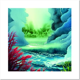 Magical Landscape Painting featuring Sea and Plants Posters and Art